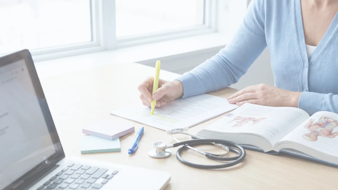 Des mains surlignent des questions d’examen imprimées, près d’un manuel de soins ouvert et d’un stéthoscope.